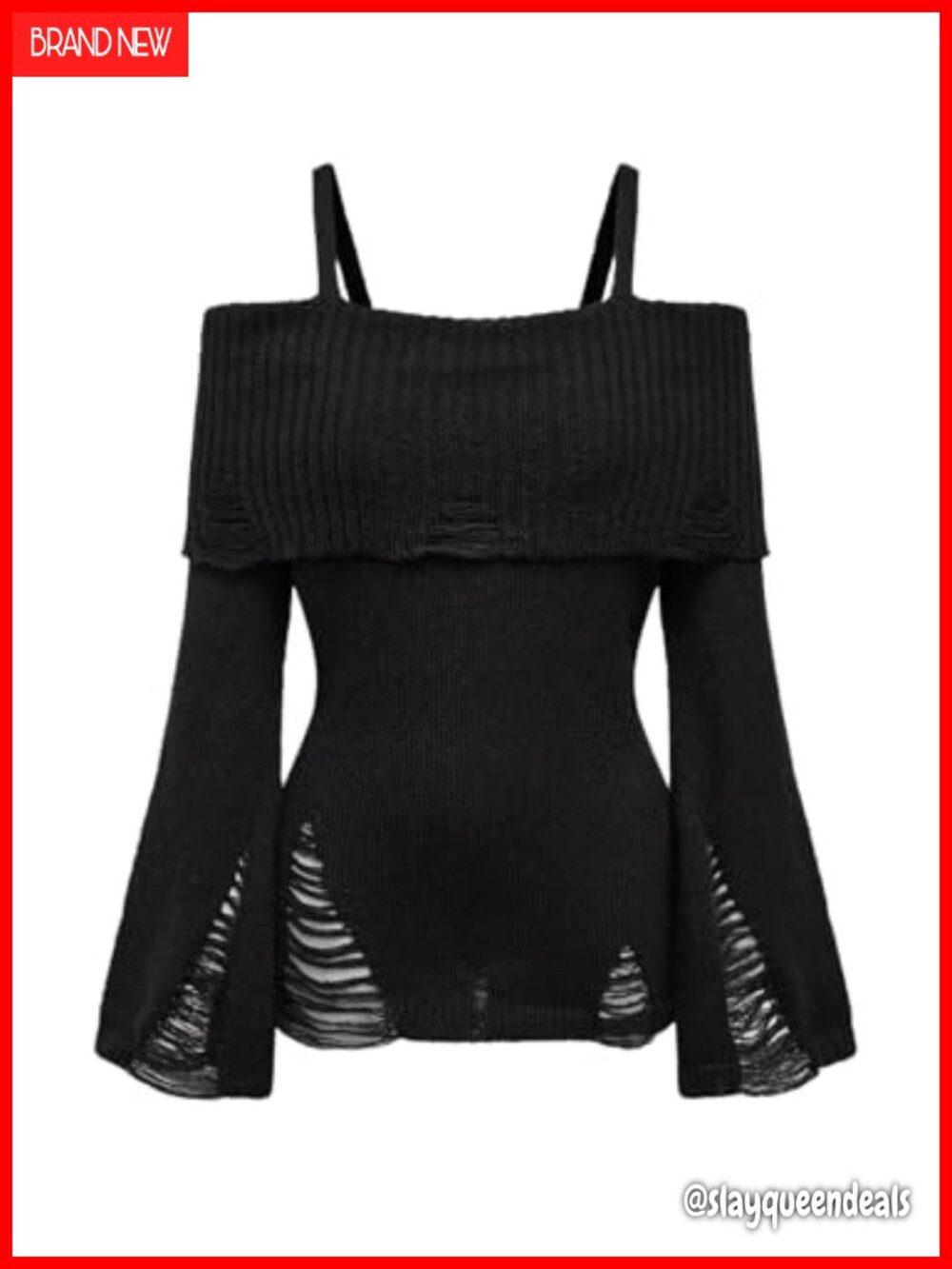 Women's Cold Shoulder Ripped Sweater Gothic Rib Knit Bell Sleeve Distressed